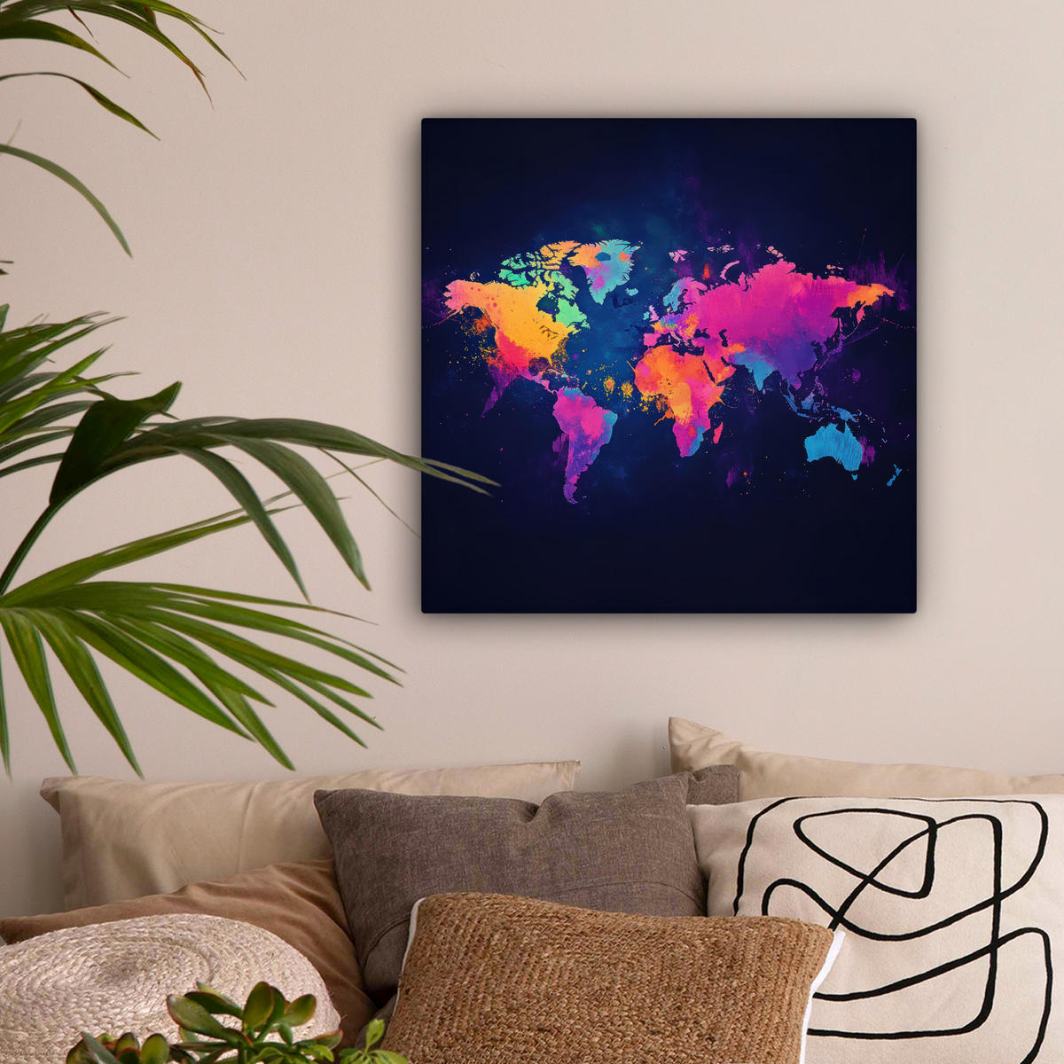 LEINWANDBILD Weltkarte - Bunt - Graffiti 50x50 cm - Multicolor, Textil (50/50cm) - MuchoWow