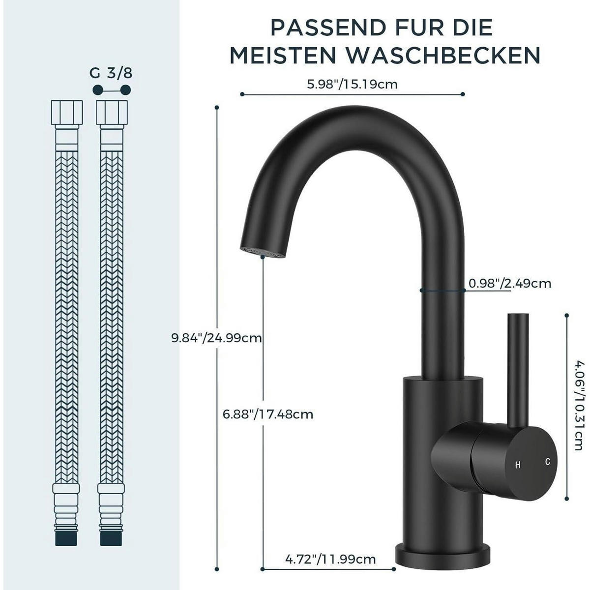 WASCHTISCHARMATUR Schwarz 360° drehbar mit Einhandgriff - Schwarz, Metall (6.9/12.7/25cm)