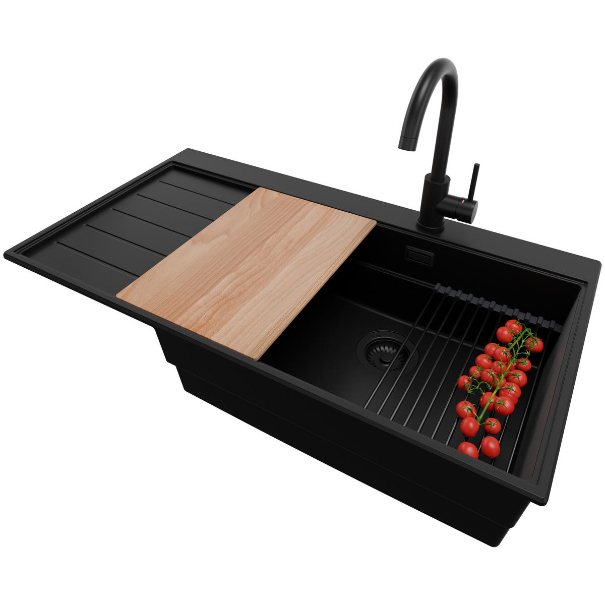 GRANITSPÜLE Sydney, 2-er set Alles Schwarz 90/50 cm 1 Becken + Küchenarmatur 32/20 cm + Ablauf-Set + Küchenzubehörset ab 60er Unterschrank - Beige/Schwarz, Kunststoff (90/20/50cm) - Primagran