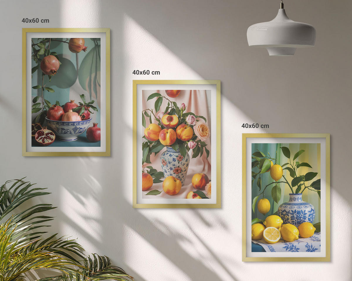 WANDBILDER 3er Set - 40x60 cm Goldrahmen - Granatäpfel, Pfirsiche, Zitronen - Goldfarben, Kunststoff (40/60cm) - ArtPrintCave