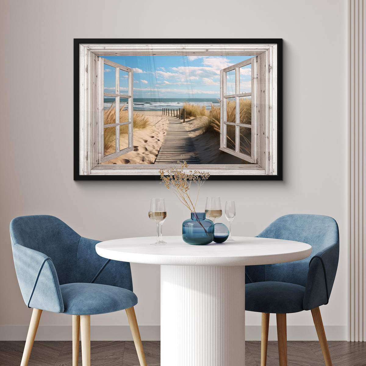 ZARÁMOVANÝ PLAGÁT Okno - more - pobrežie - príroda - výhľad - pláž - Waddenské more 90x60 cm - béžová, papier (90/60cm) - MuchoWow