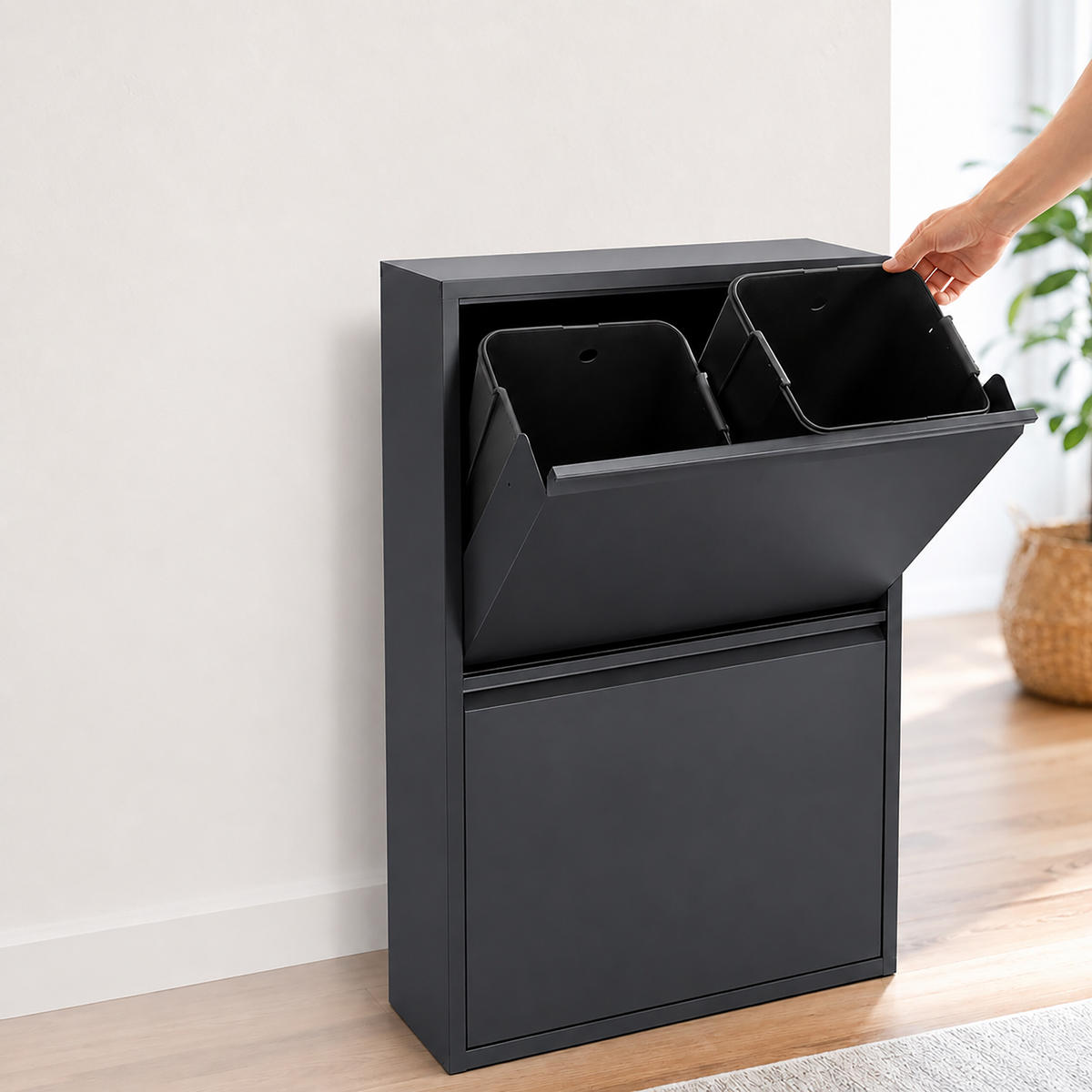 MÜLLEIMER Schwarz 4-Fächer Metall kippbar 4x18 l - Schwarz, Kunststoff/Metall (60/93/25cm) - Relaxdays