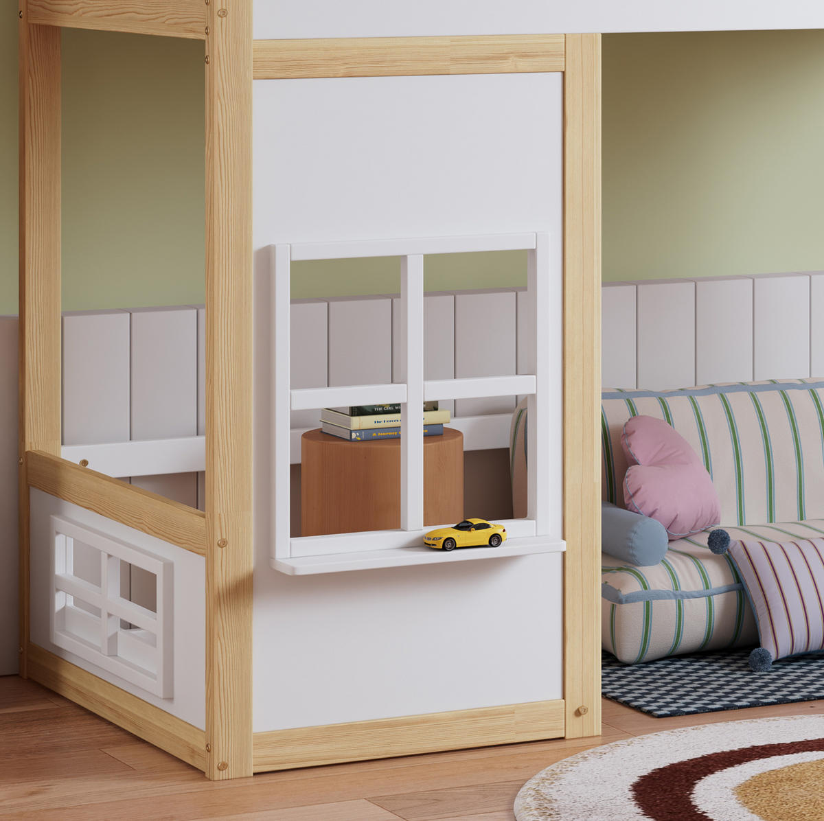 POSCHODOVÁ posteľ 90/200 cm biela/prírodná so schodíkmi, strieškou a okienkami z masívu a MDF - biela, drevo (90/200cm) - OKWISH
