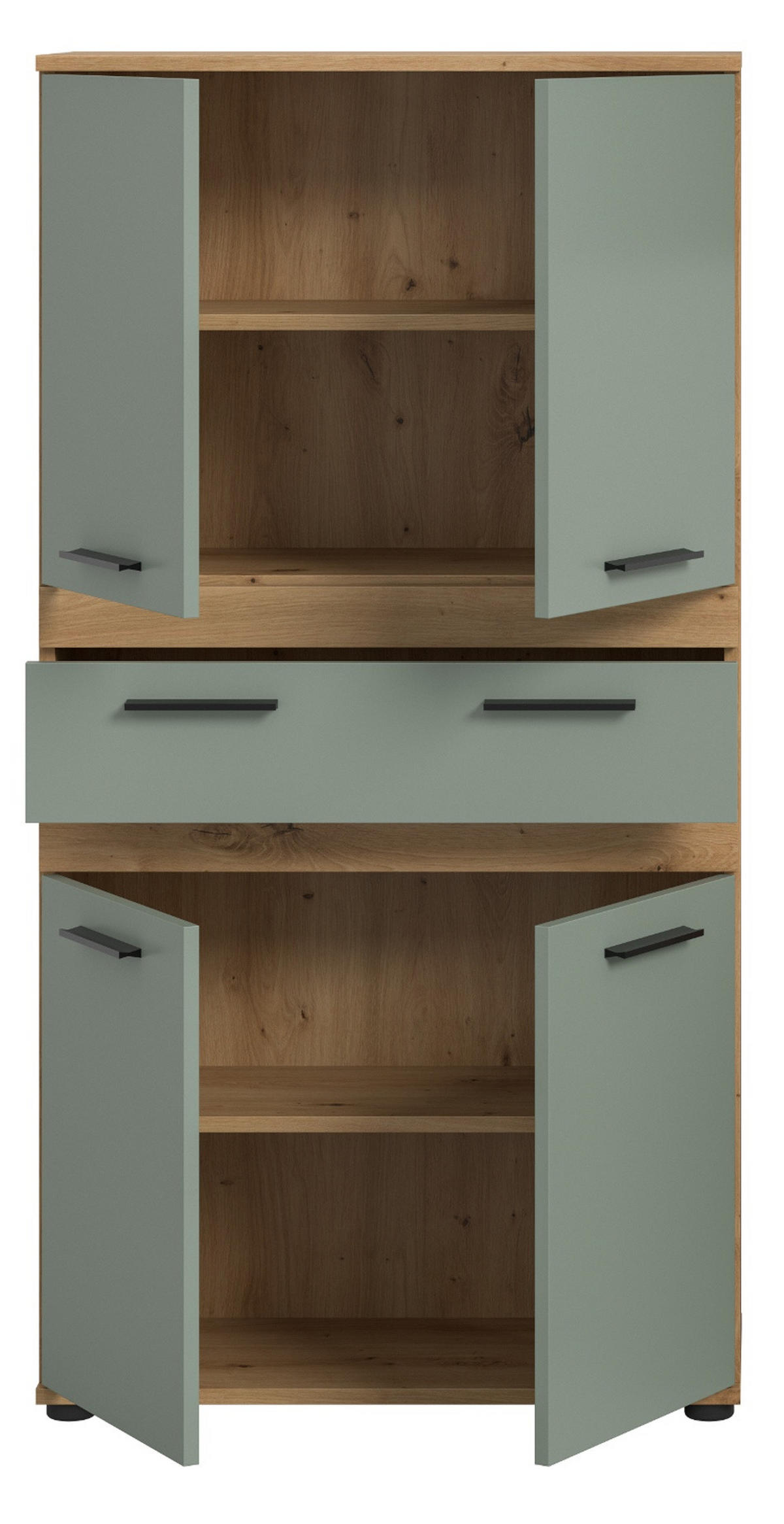 MIDISCHRANK Salbei, Artisan Eiche 70 x 137 cm, Badschrank mit vielen Fächern - Salbeigrün/Schwarz, Holzwerkstoff/Kunststoff (70/135/31cm) - Inn.Furn