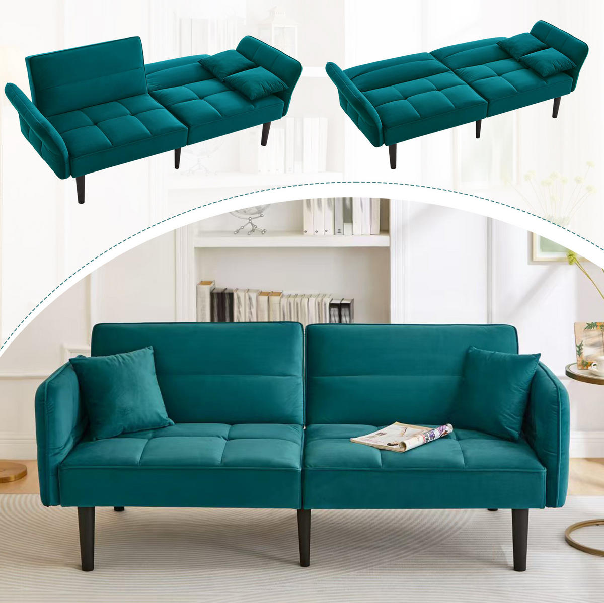 SCHLAFSOFA aus Samt Antik Blaugrün mit verstellbaren Rückenlehnen, klappbaren Armlehnen und 2 Kissen - Petrol, Kunststoff (176/76/78cm) - Modfu