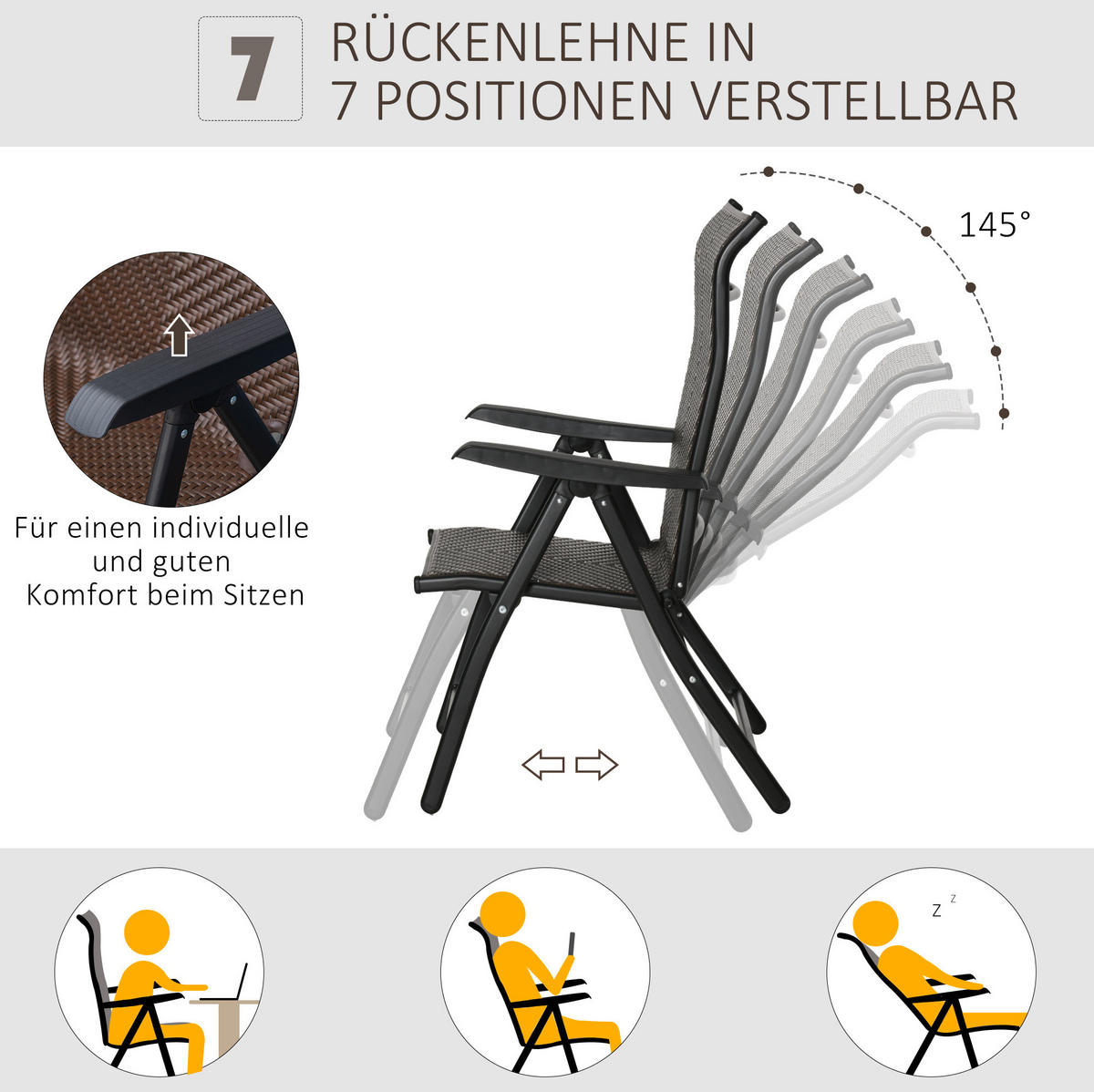 KLAPPSTUHL 58/71/111 cm braun aus PE-Rattan und Stahl 7-fach verstellbar - Braun, Kunststoff (71/111/58cm) - OKWISH
