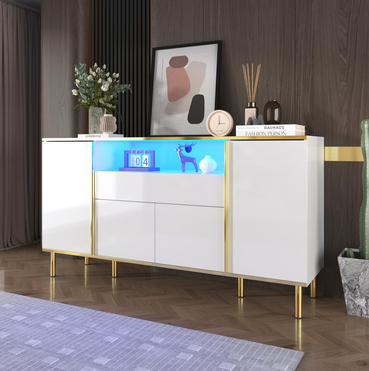 SIDEBOARD aus MDF/Spanplatte in Weiß Hochglanz mit LED, 4 Türen und Schublade, 150/40/80 cm, Weiß - Weiß, Holzwerkstoff (40/80/150cm) - Redom