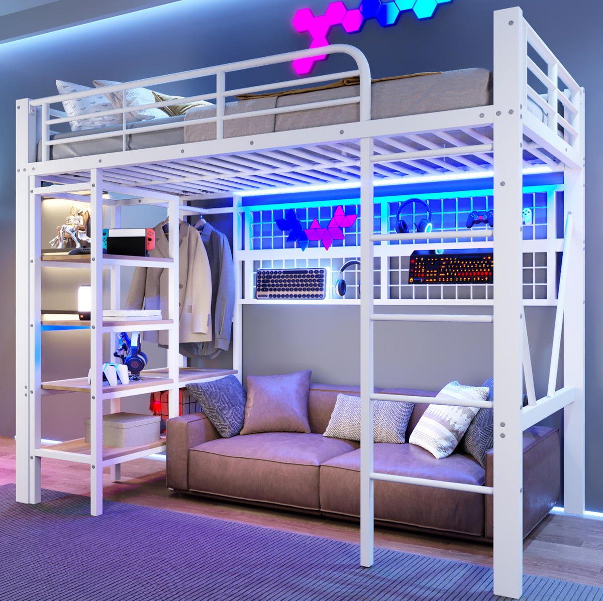 HOCHBETT 90/200 cm Weiß aus Metall und MDF mit LED-Lichtleiste - Weiß, Metall (90/200cm) - OKMYHOME