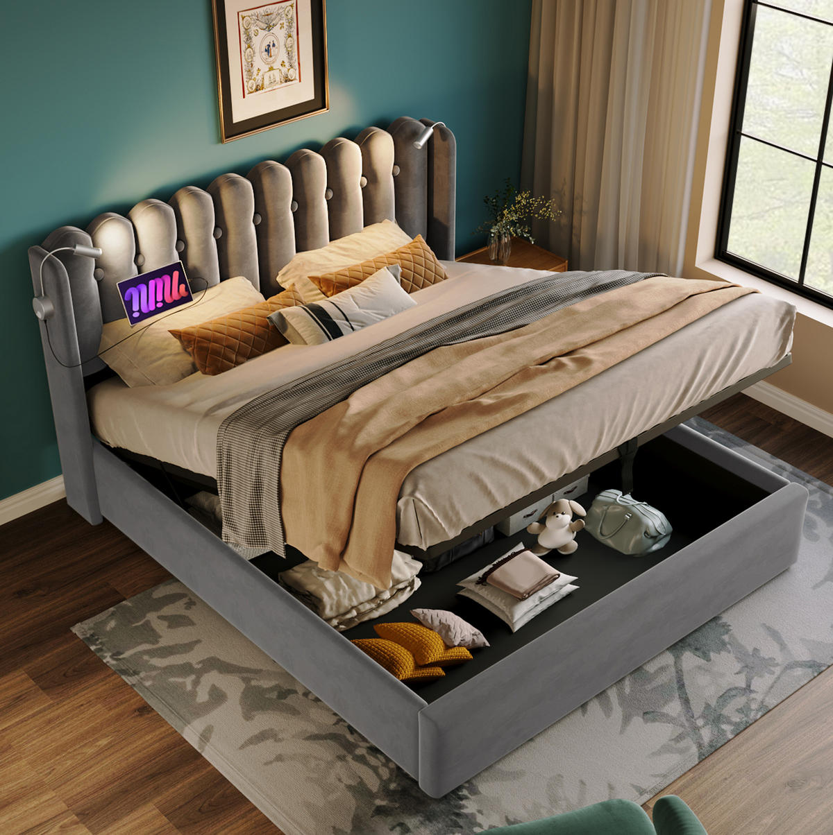 BETT mit Stauraum 140x200 cm Samt Grau mit USB und Leselicht - Grau, Metall (140/200cm) - Meubliv
