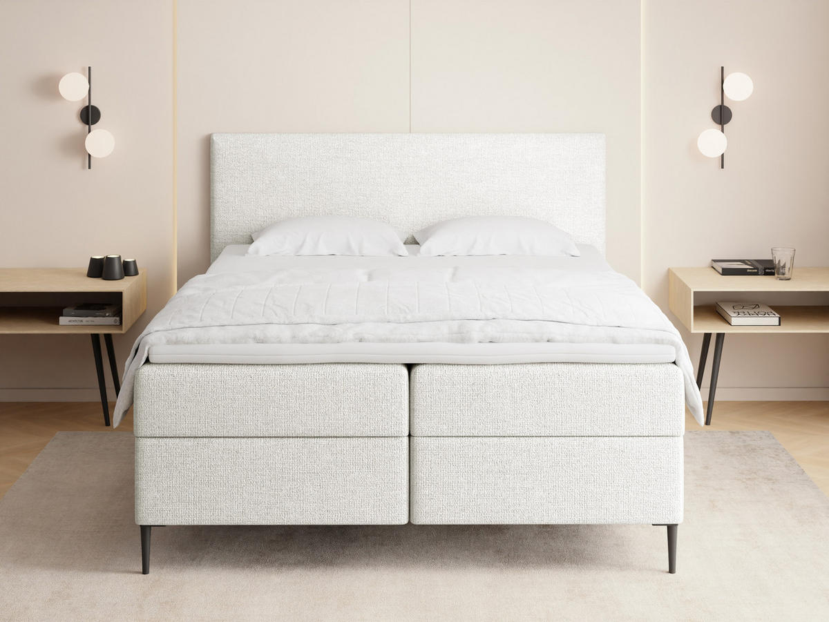 BOXBETT Alba Rise mit Bettkasten, Weiß Chenille 140x200 cm – inkl. H4 Taschenfederkern Matratze & Foam Topper - Schwarz/Weiß, Holz/Textil (140/200cm) - WFL GROUP