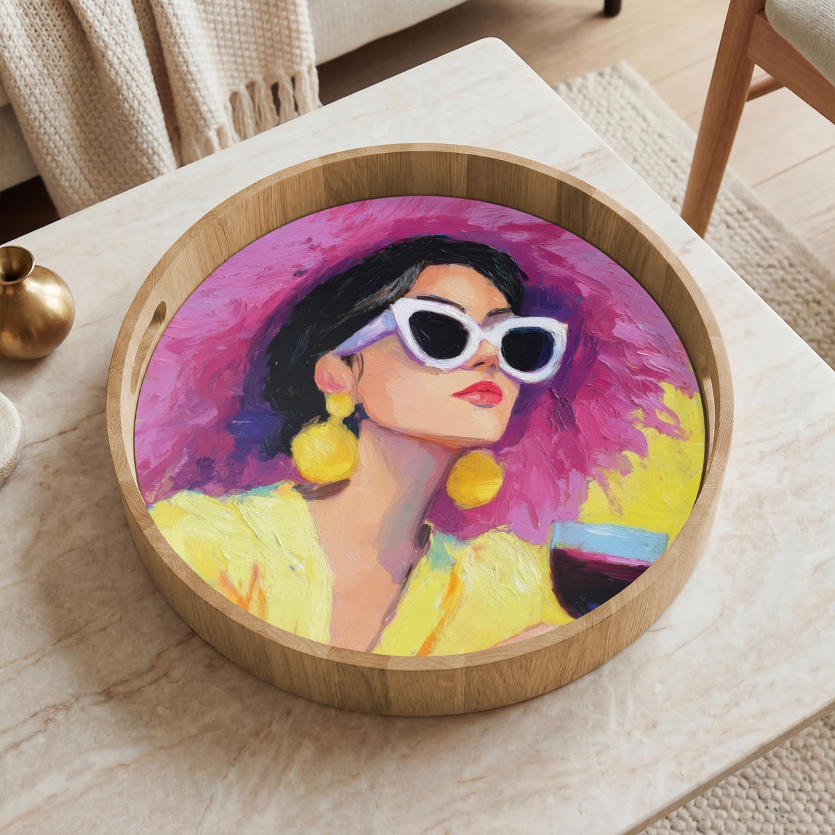 SERVÍROVACÍ PODNOS Žena - Klobouk - Fialová - Víno 40x40 cm - žlutá, dřevo (40/5/5cm) - OnlyWow