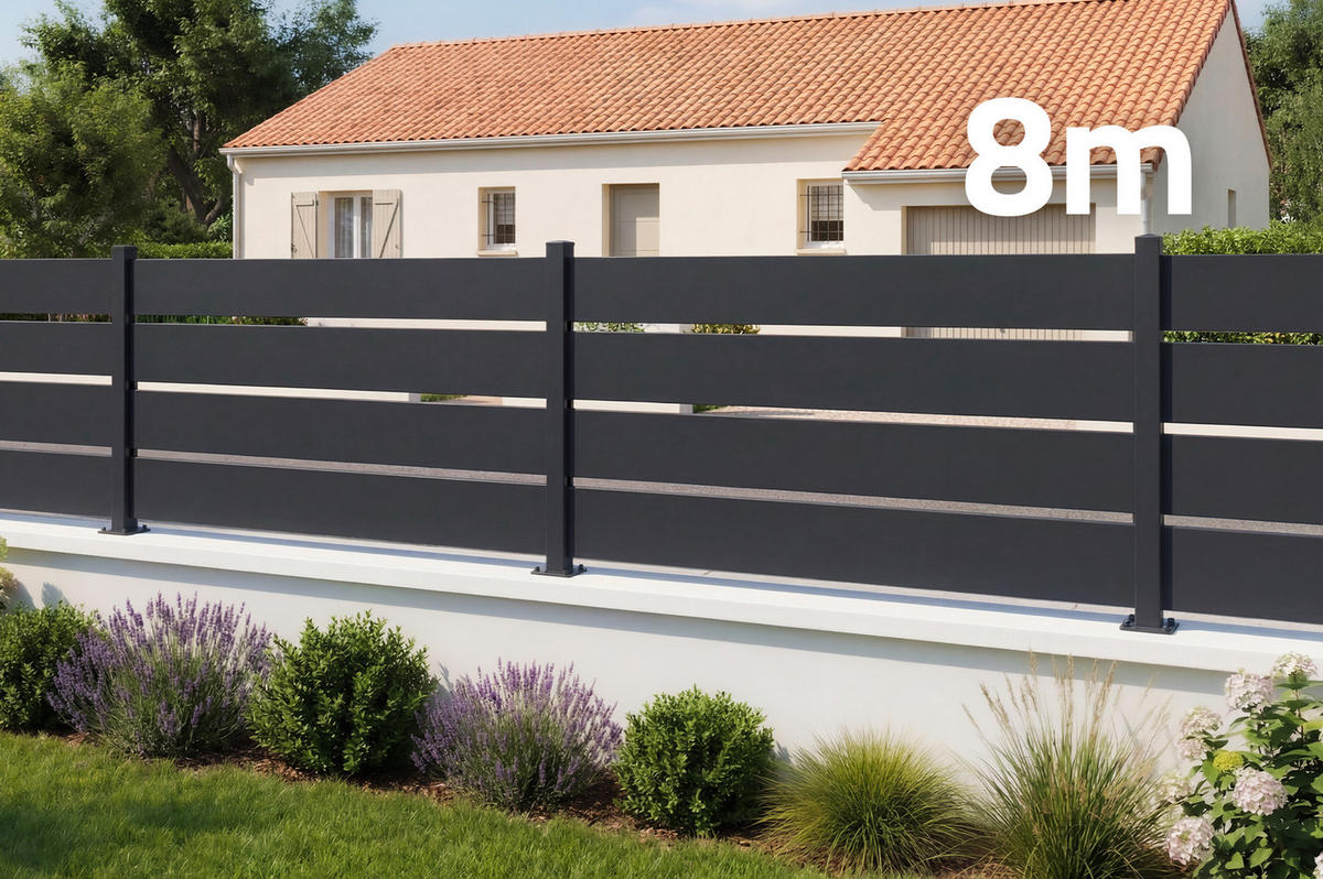 HALBOFFENER Zaun Velino 8m H.80cm schwarzer Stahl - Schwarz, Metall (800/84cm) - Casanoov