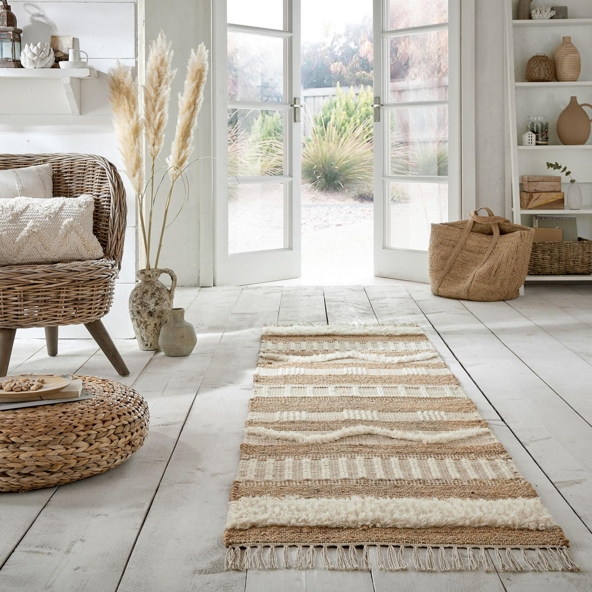 NATURTEPPICH handgewebt Jute-Wolle-Mix skandinavisch WHARFE, Braun-Beige 60x230 cm - Braun, Textil (60/230cm) - KADIMA DESIGN