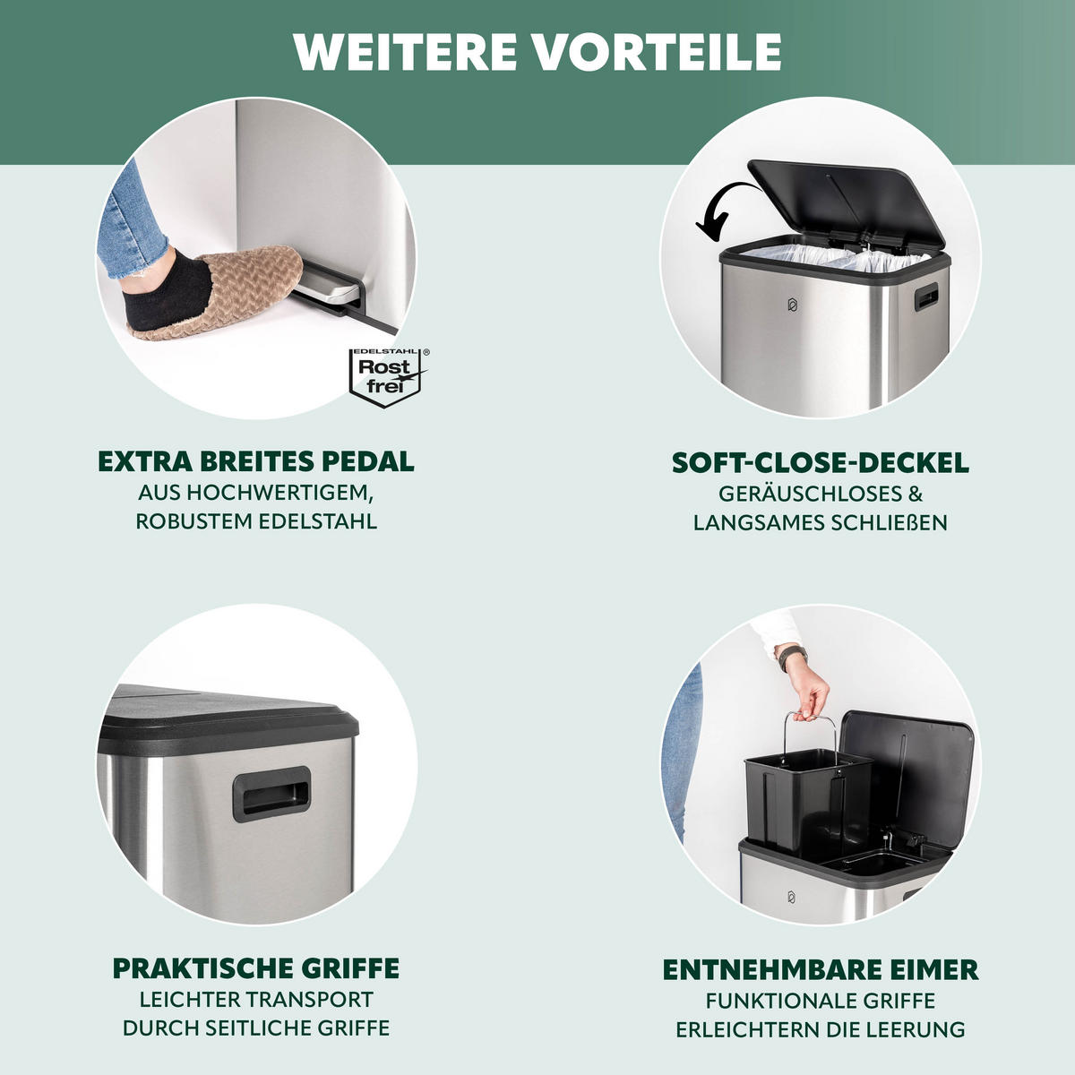 ABFALLEIMER je 15 Liter, silber - Edelstahlfarben, Metall (42.5/50/33.5cm) - eluno