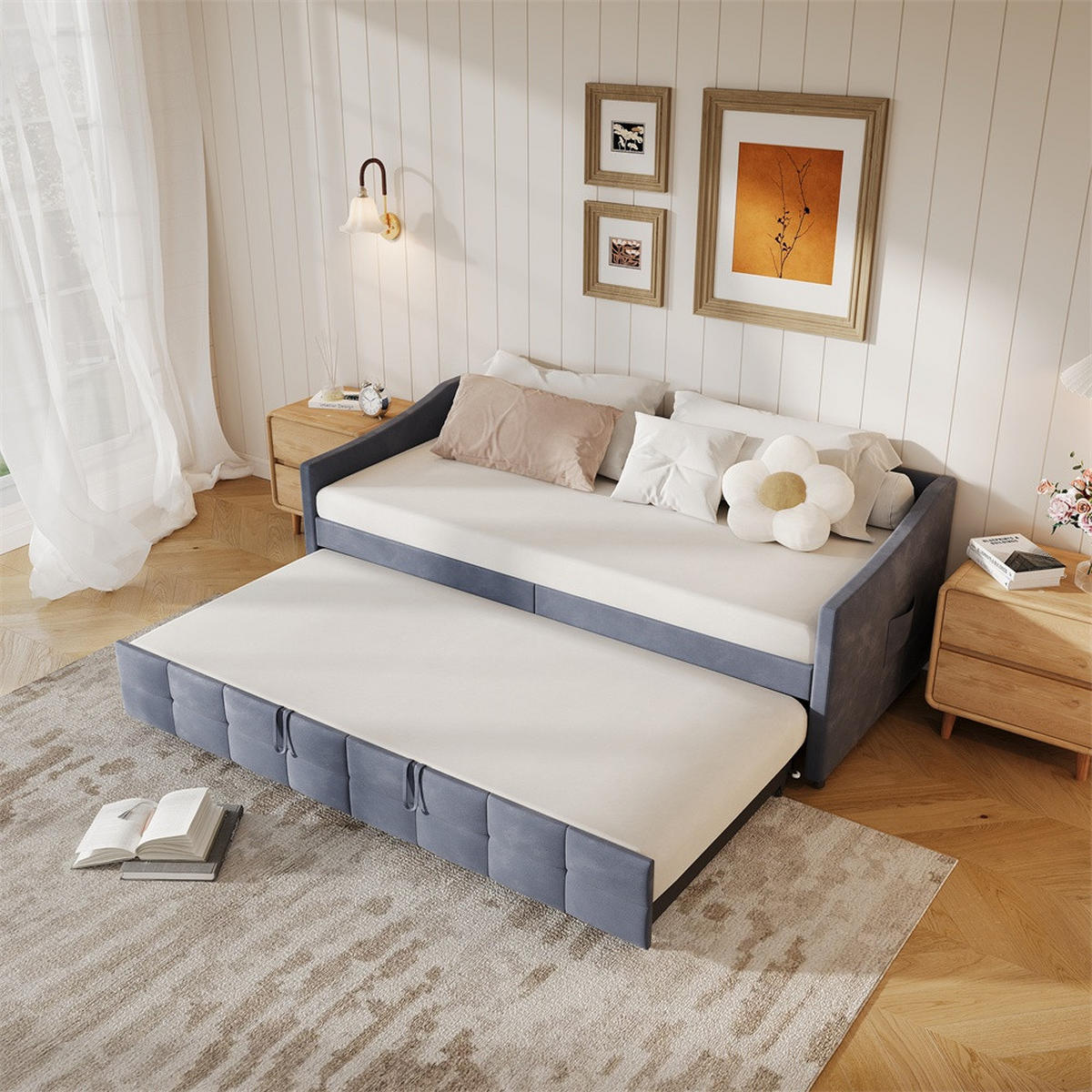 POLSTERBETT 90x200cm mit Ausziehfunktion 90x190cm - Doppelbett 90x200cm&90x190cm - ohne Matratze - Grau - Grau, Textil (90/200cm) - DELFA