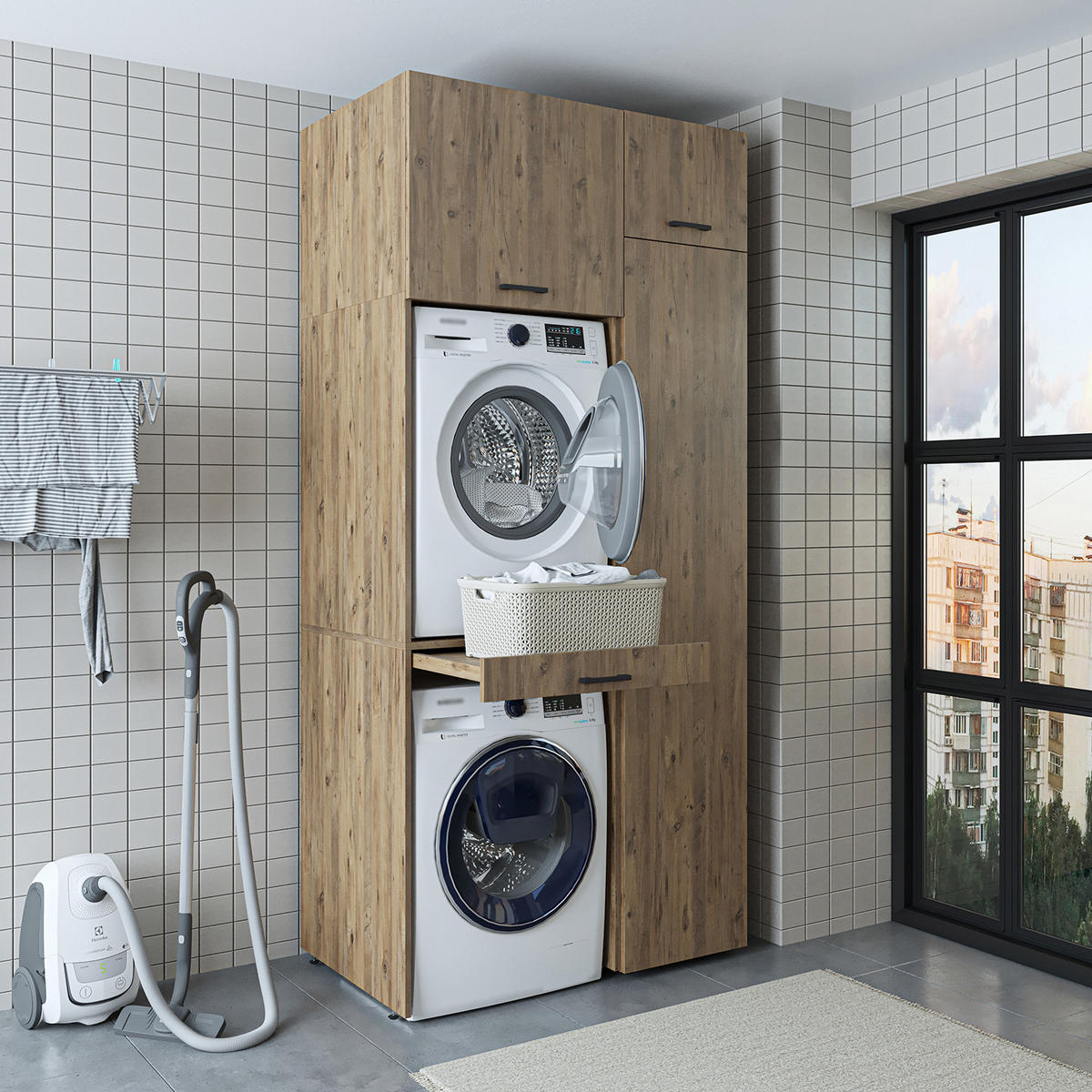WASCHMASCHINENSCHRANK DUO-I 112cm Breit, 240cm Hoch - Eichefarben, Holzwerkstoff (112/240/67cm)