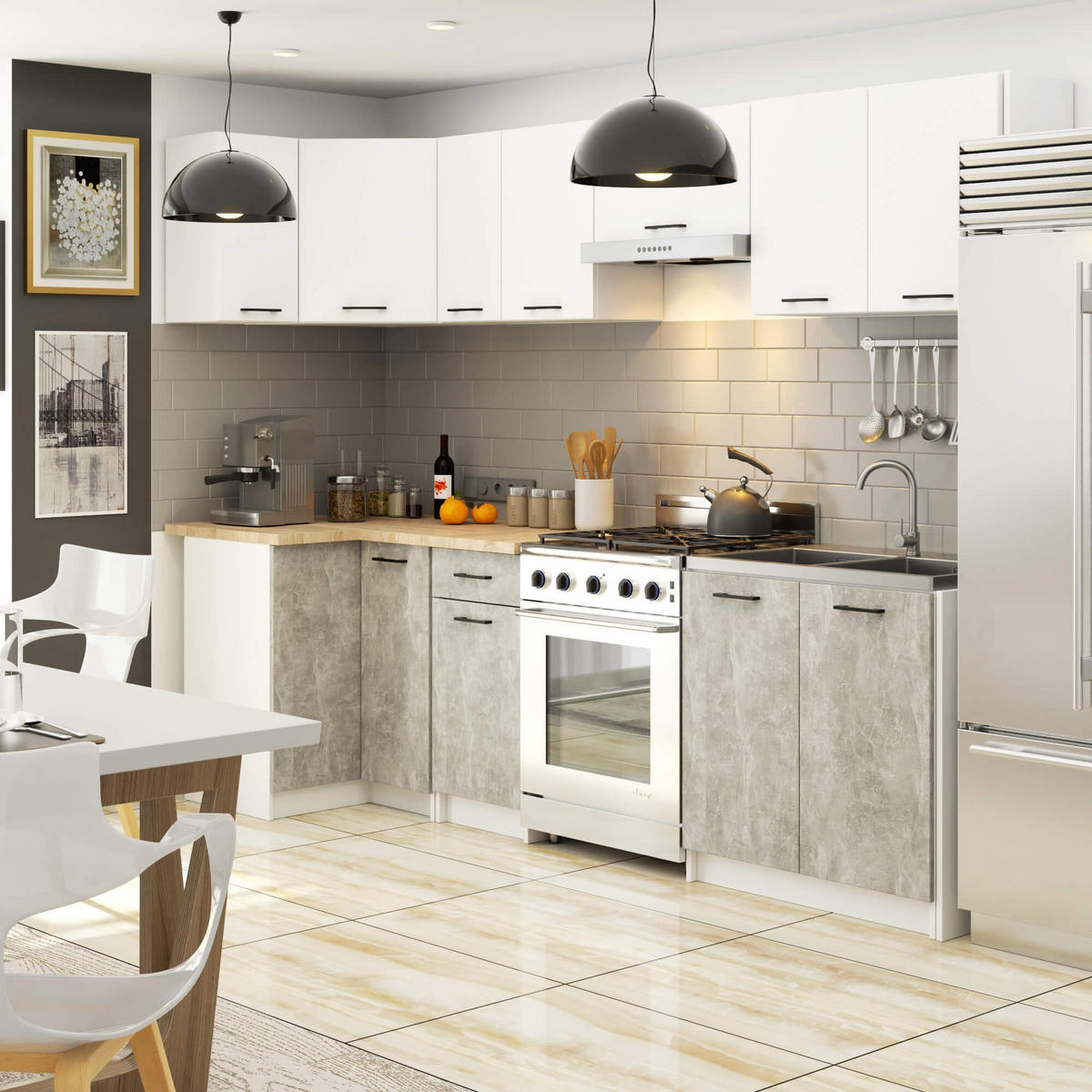 BUCĂTĂRIE fără electrocasnice Alb, beton 203/300/46 - alb, compozit lemnos (300/203/46cm) - RAUMHIRSCH FURNITURE