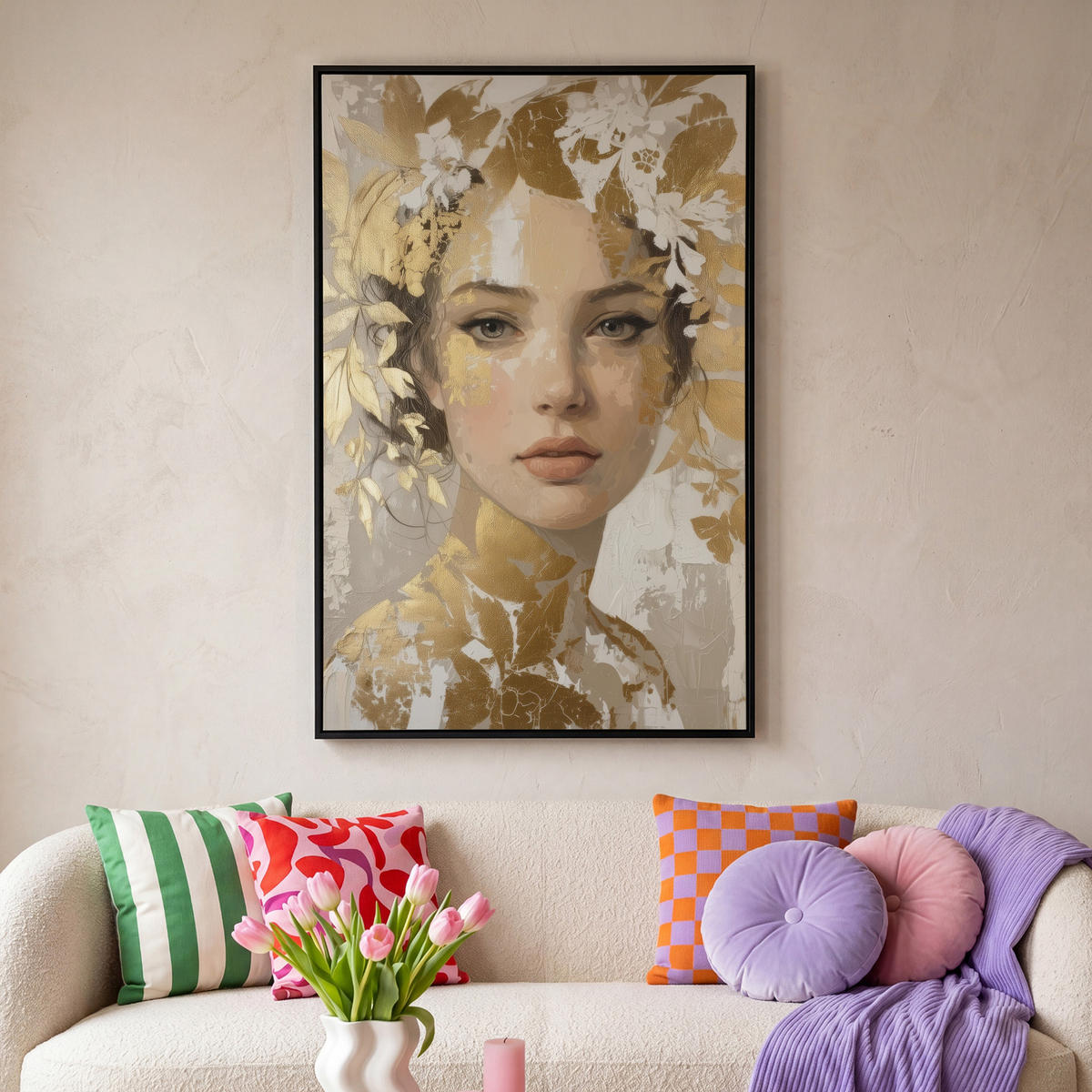 LEINWAND Bilder mit Rahmen - Gesicht - Frau - Blätter - Gold - 80x120 - Beige, Textil (80/120cm) - MuchoWow