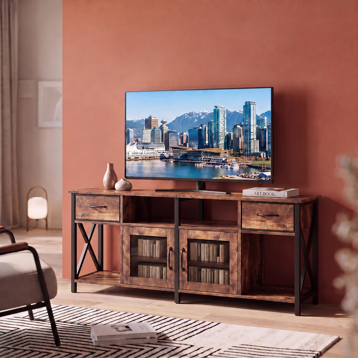 TV-LOWBOARD Braun Schwarz Industrial mit Stauraum 180 cm - Braun, Holzwerkstoff/Textil (180/60/40cm) - Relaxdays