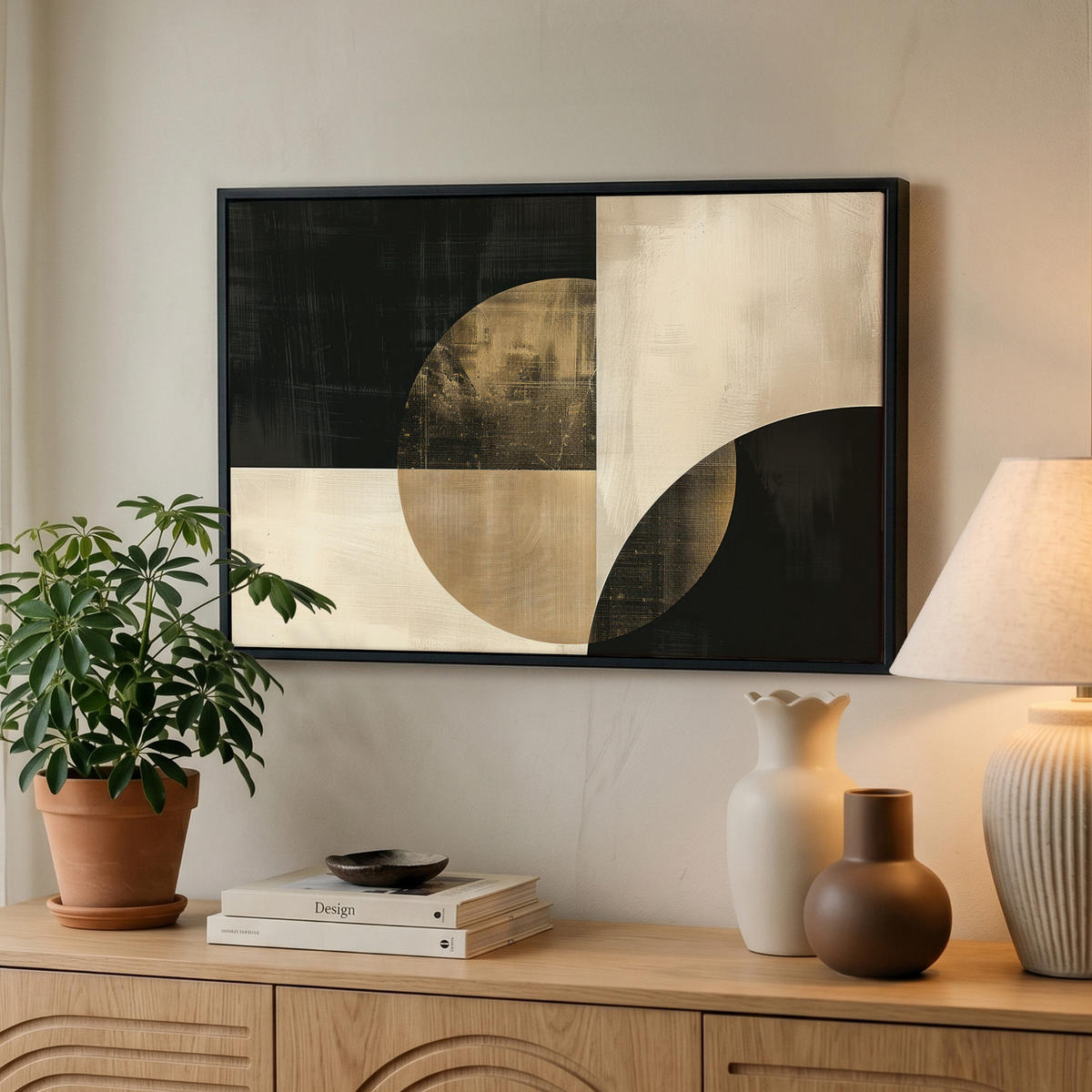 LEINWAND Bilder mit Rahmen - Abstrakt - Geometrische Formen - Schwarz - Gold - 60x40 - Ecru, Textil (60/40cm) - MuchoWow