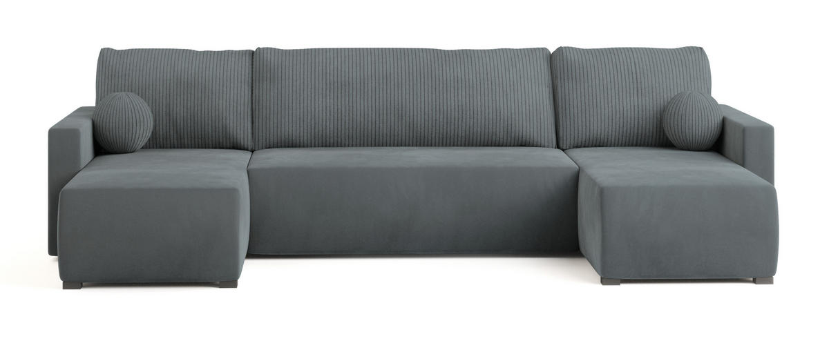 WOHNLANDSCHAFT TESSUN Grau Plüsch-Stoff mit Schlaffunktion - Grau, Holz (286/85/143cm) - MASSENO