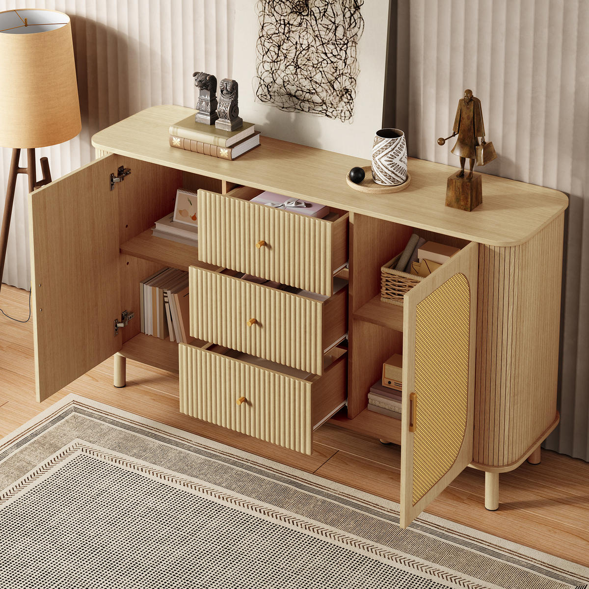 SIDEBOARD in Natur mit Rattan-Türen und gewellten Schubladen, MDF, Metallbeine mit Holzmaserung, 140/40/80 cm,Naturfarben - Naturfarben, Holzwerkstoff (140/80/40cm) - Redom