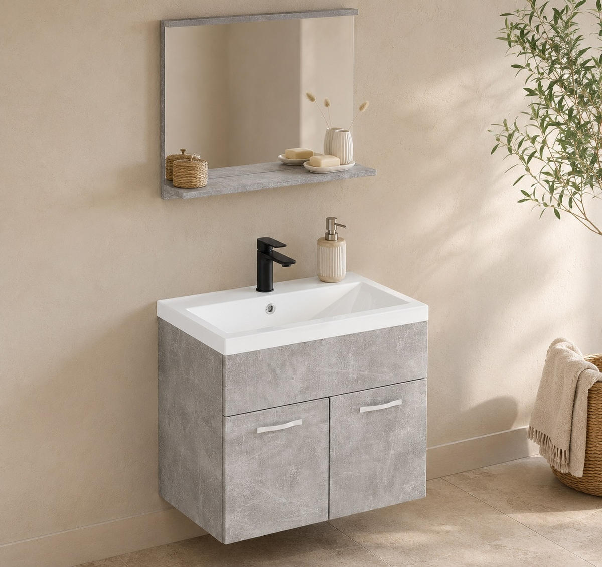 BADMÖBEL-SET Montreal 2 Teile Beton Grau - 60 x 35 x 51 cm - Grau, Holz (60/51/35cm) - Badplaats