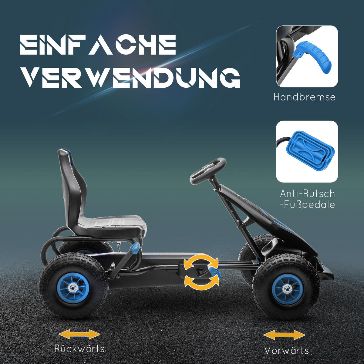 KINDER GO KART TRETAUTO, Blau+Schwarz/Grün+Schwarz/Rot+Schwarz, Metall - Blau, Metall (121/58/61cm) - HOMCOM