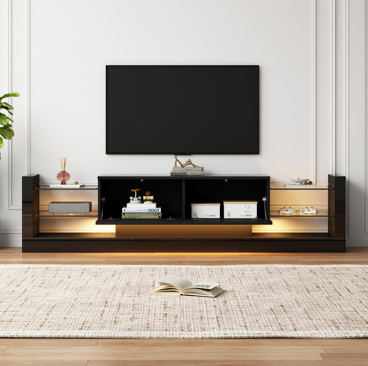 TV-SCHRANK in Schwarz Hochglanz mit Glasfront und LED 181/38/38 cm - Schwarz, Holzwerkstoff (181/38/38cm) - Redom