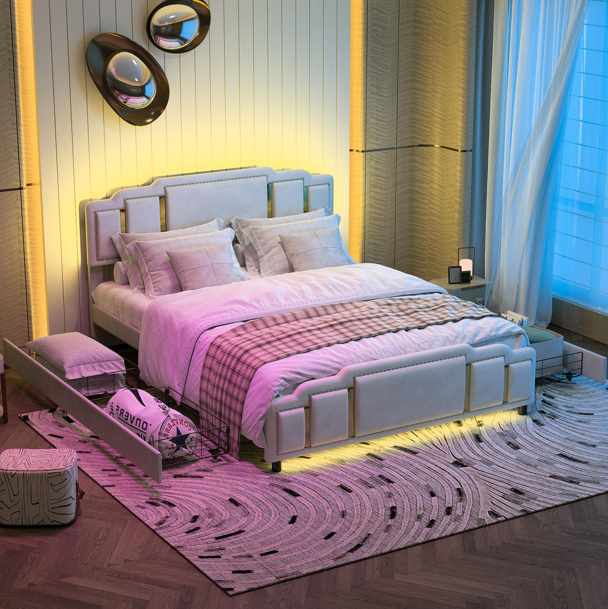 POLSTERBETT 160x200 cm in Beige mit 4 Schubladen und LED-Beleuchtung - Beige, Textil (160/200cm) - IVMEU