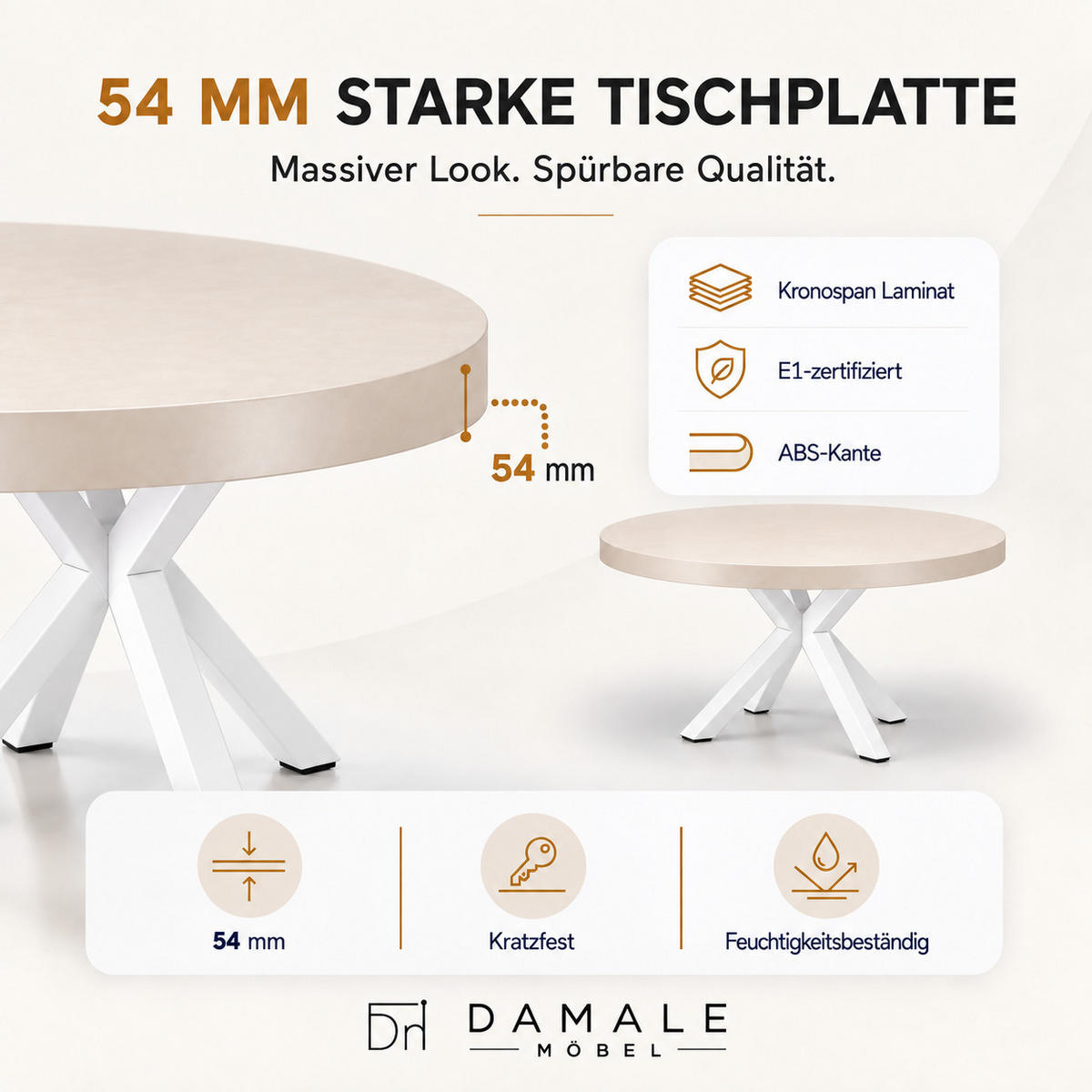 ESSTISCH rund ausziehbar 110-310/110/76 cm, Kaschmir, 54 cm Tischplatte + X Metallbeine Weiß - Kaschmir/Weiß, Holzwerkstoff/Metall (110/110/76cm) - Damale Möbel