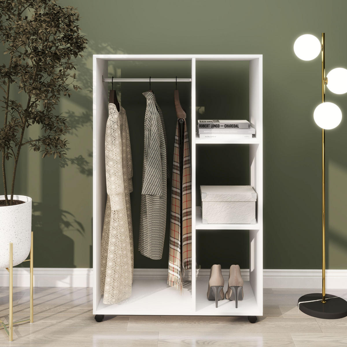 KLEIDERSCHRANK-AUF-ROLLEN Spanplatte Aluminiumlegierung Weiß - Weiß, Holz (40/128/80cm) - HOMCOM