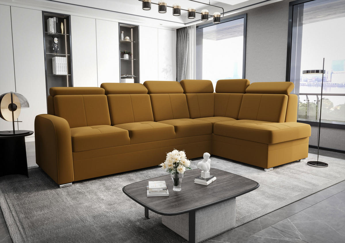 ECKSOFA KONGO RBN11, Eckcouch in L-Form mit Schlaffunktion, Farbe: Gelb, Velourstoff, Ottomane Rechts - Gelb, Textil (304/180cm) - O-Sofa