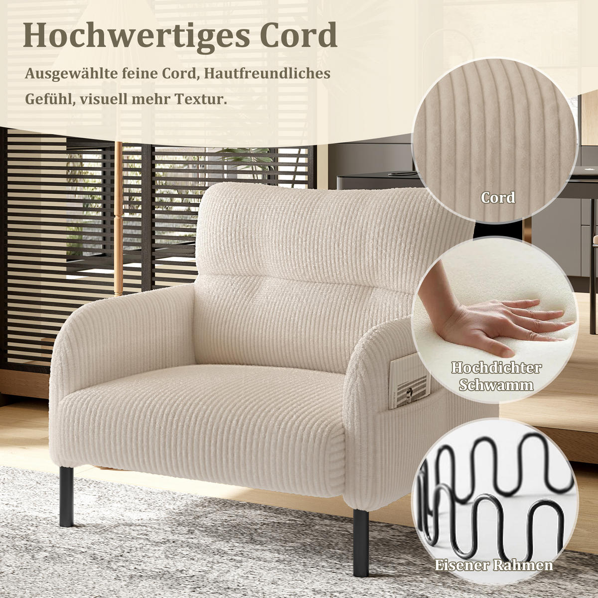 SESSEL Loungesessel,Polstersessel,Cord,Beige - Beige, Textil (67/79/75cm) - LVHOM