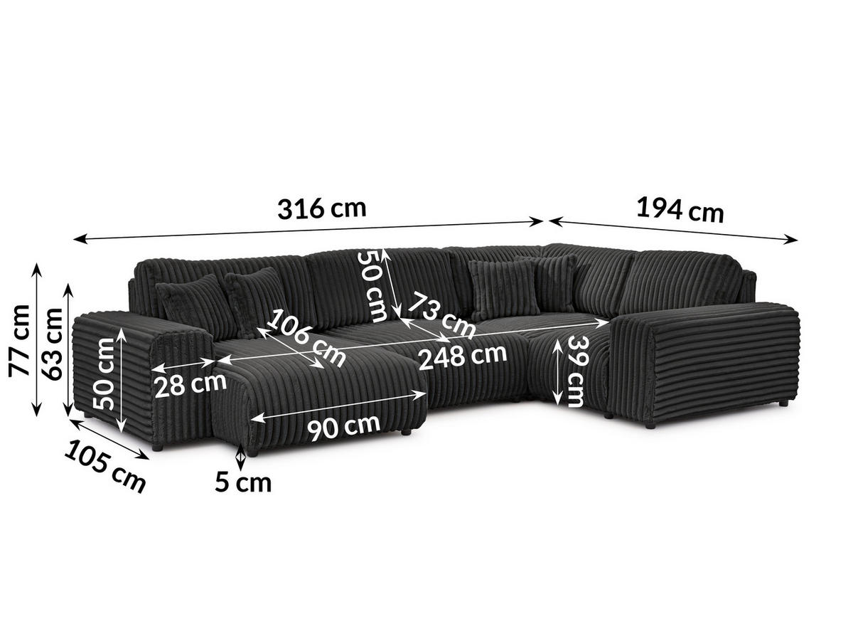 WOHNLANDSCHAFT Mollis Dunkelgrau Plüschcord im XXL-Format - Ottomane Links - Dunkelgrau/Schwarz, Holz/Kunststoff (316/77/194cm) - S-Style Möbel