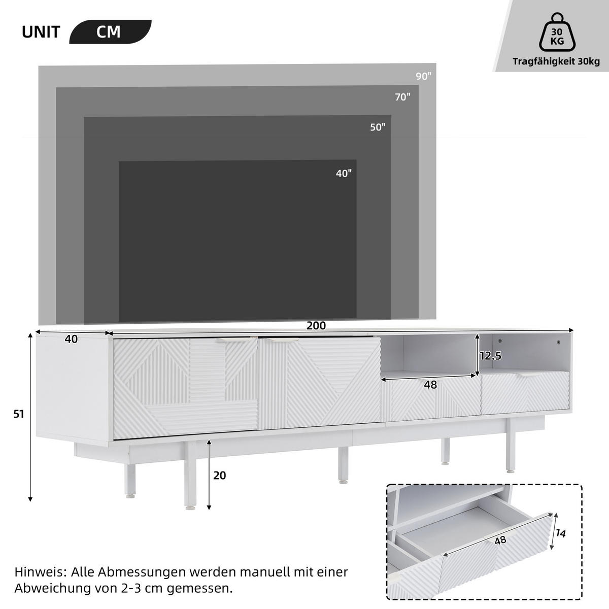 TV-ELEMENT in Weiß TV Schrank mit Stauraum,Schubladen,B200/T40/H51cm - Weiß, Holzwerkstoff/Metall (200/51/40cm) - STILVORA