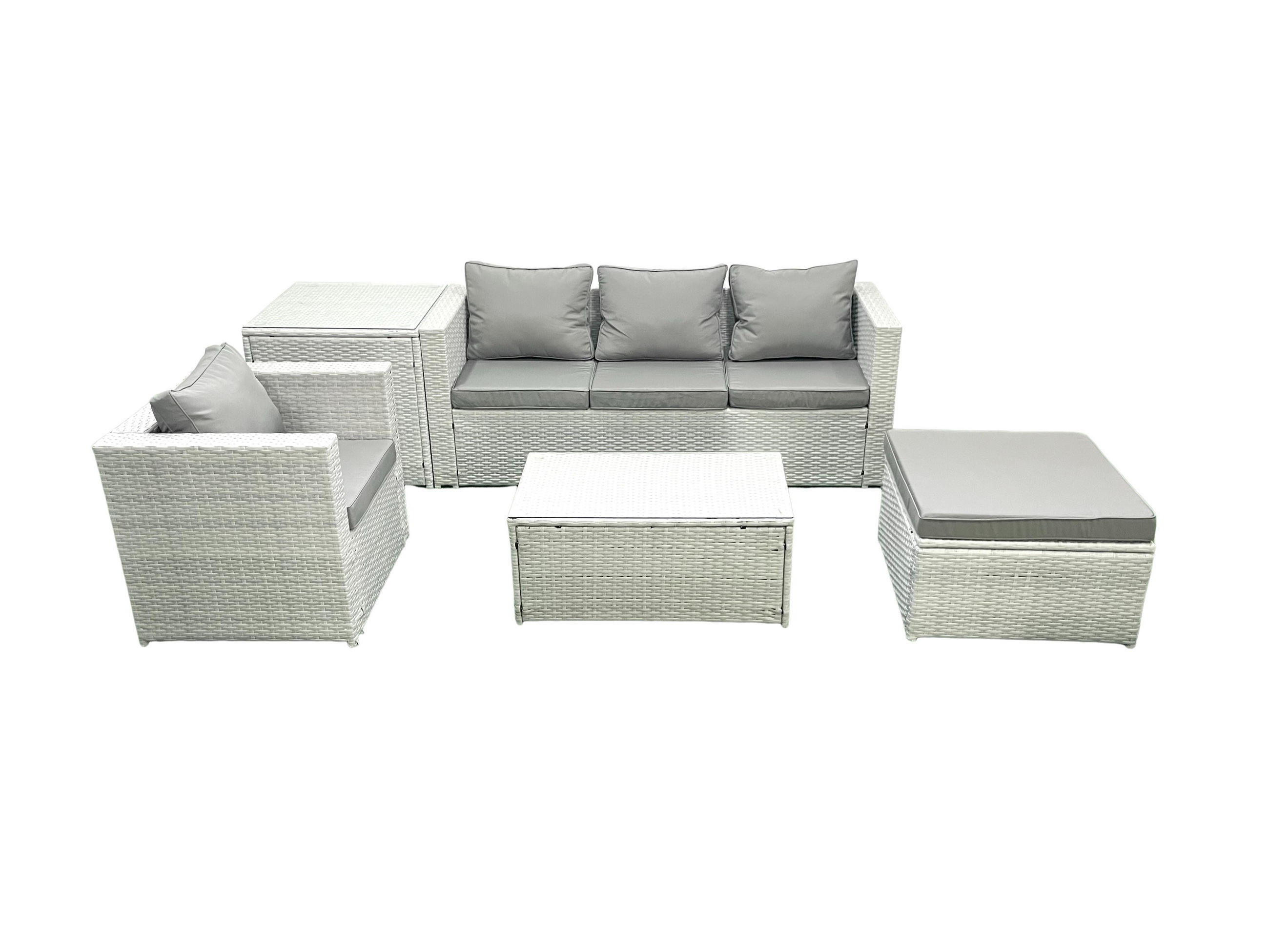 GARTENSET mit 3-SITZER SOFA,COUCHTISCH Polyrattan Hellgrau-Mix 5-Sitzer - Hellgrau/Grau, Glas/Kunststoff - Fimous