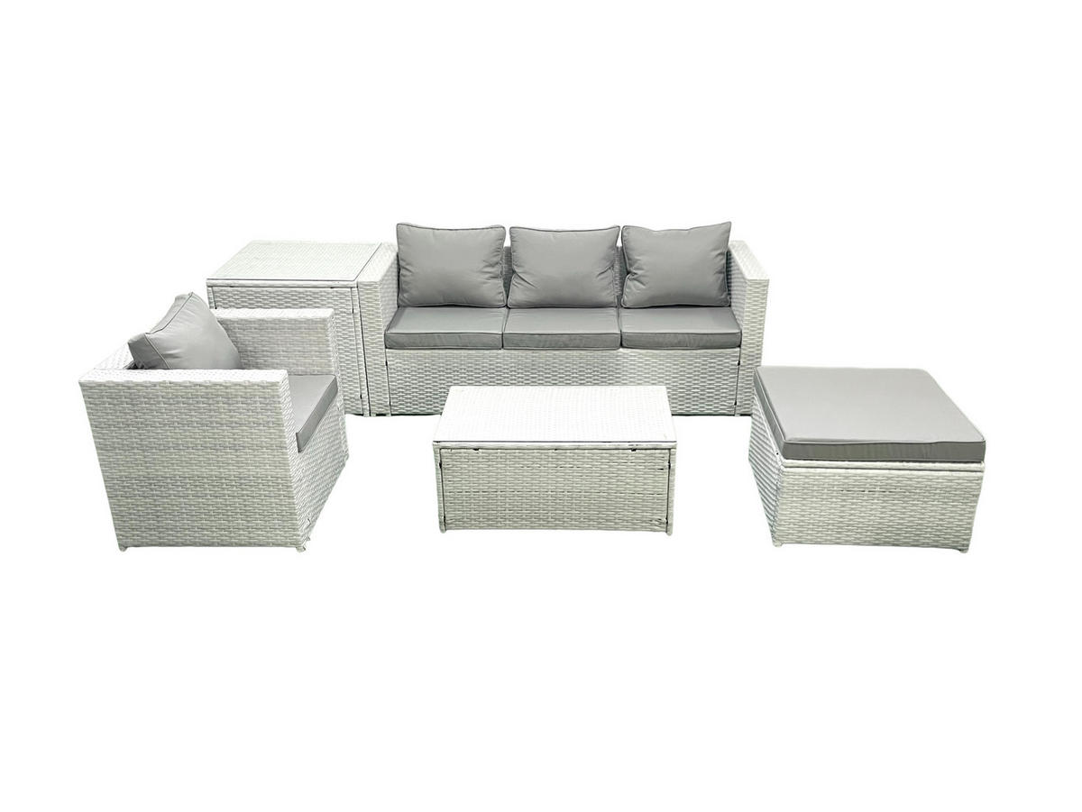 GARTENSET mit 3-SITZER SOFA,COUCHTISCH Polyrattan Hellgrau-Mix 5-Sitzer - Hellgrau/Grau, Glas/Kunststoff - Fimous