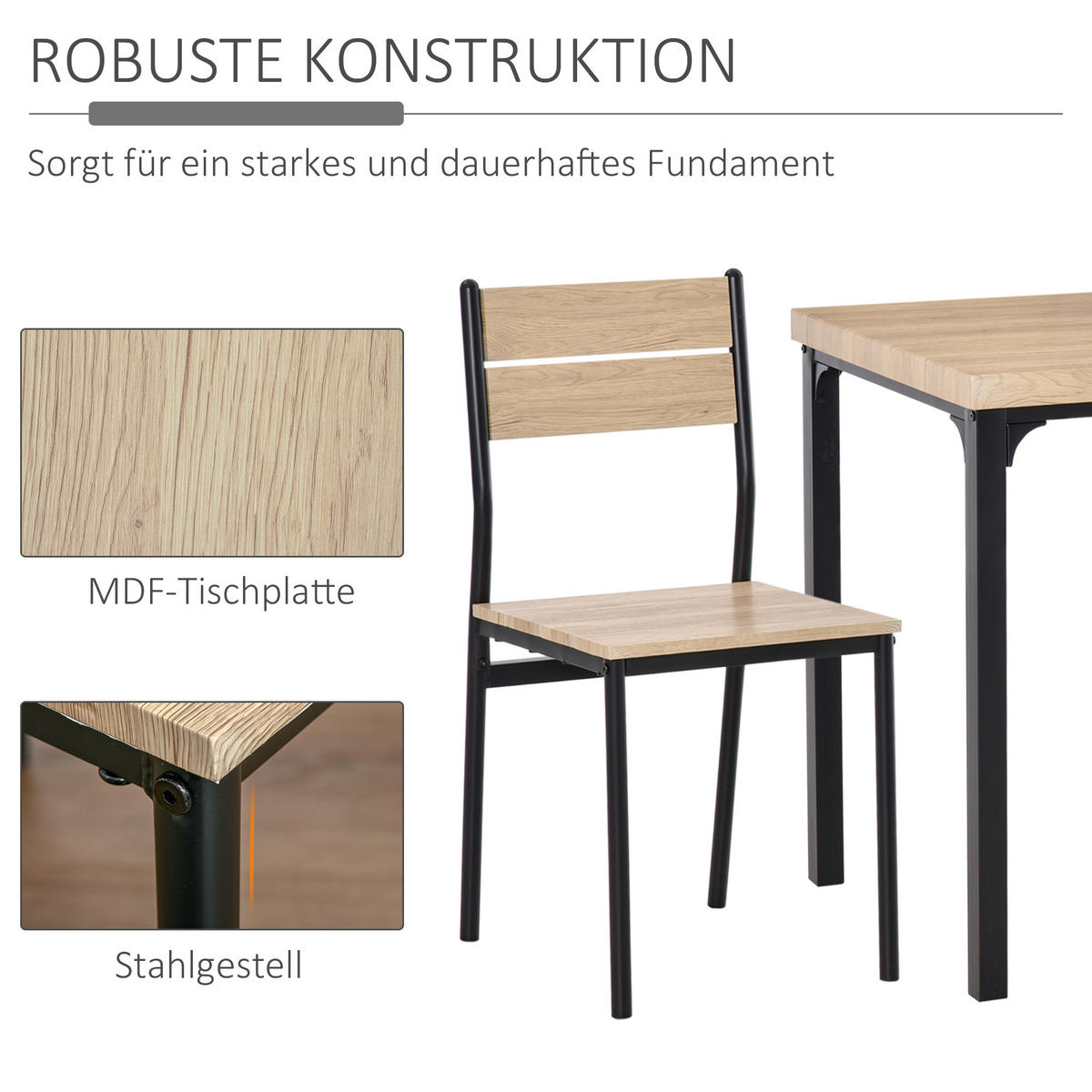 3-TEILIGE Essgruppe Küchentisch mit Metallgestell Esszimmergruppe Sitzgruppe - Schwarz/Naturfarben, Holzwerkstoff/Metall (60/76/60cm) - HOMCOM