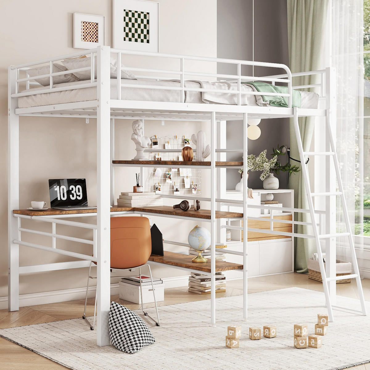 HOCHBETT 90/200 cm mit Schreibtisch, Regalen, Leiter und Geländer aus Metall, Weiß - Weiß, Metall (90/200cm) - Redom