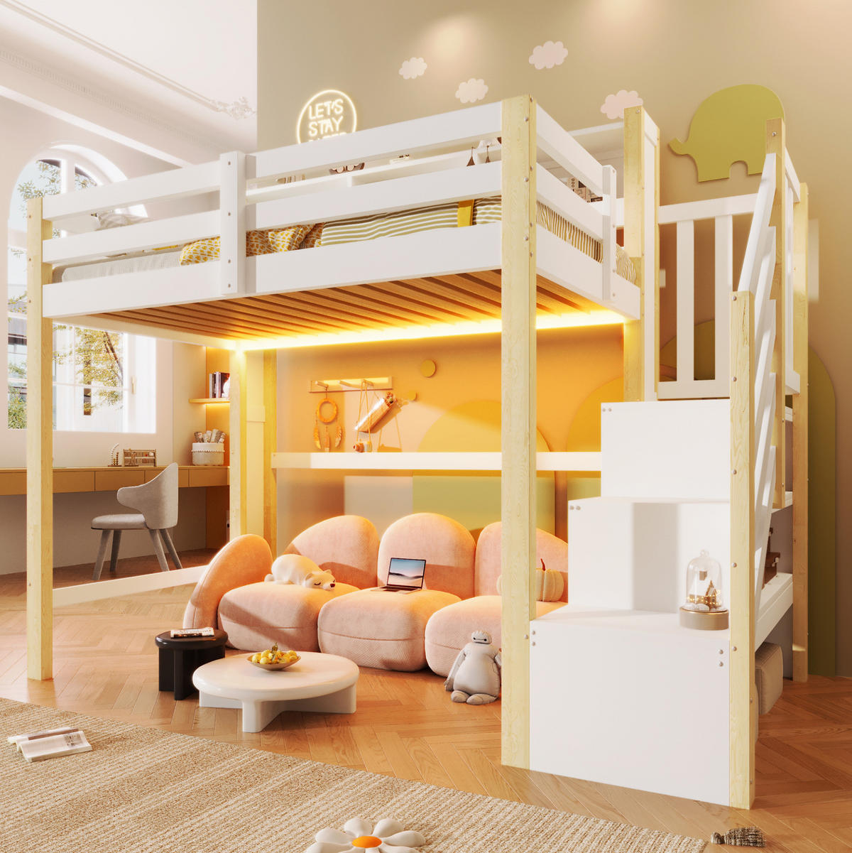 HOCHBETT 90/200 cm mit LED-Beleuchtung, Stauraumtreppe und offenem Staufach, Weiß/Natur - Weiß, Holz (90/200cm) - Redom