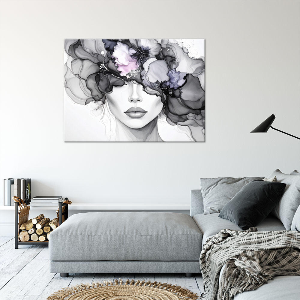 LEINWANDBILD Frau mit Blumen auf dem Kopf 120x80cm - Grau, Textil (120/80cm) - Feeby