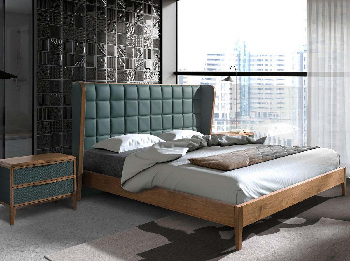 BETT Bett aus dunkelgrünem Öko-Leder 206/213/123 cm - Dunkelgrün/Walnussfarben, Leder (180/200cm) - ANGEL CERDA