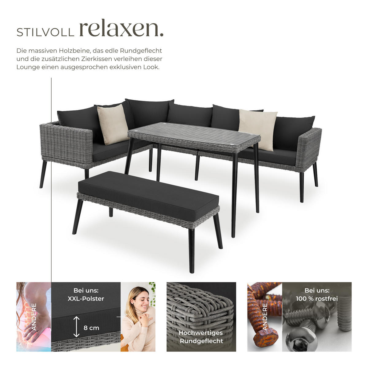 RATTANLOUNGE Pula,mit Sicherheitsglasplatte,grau - Grau, Kunststoff/Metall - tectake
