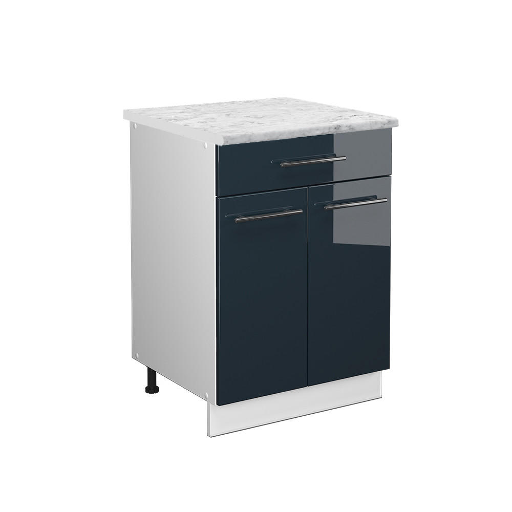 KÜCHENUNTERSCHRANK Fame-Line Dunkelblau Hochglanz 60 cm mit Schublade AP Marmor - Weiß/Dunkelblau, Holzwerkstoff (60/82/60cm) - Vicco