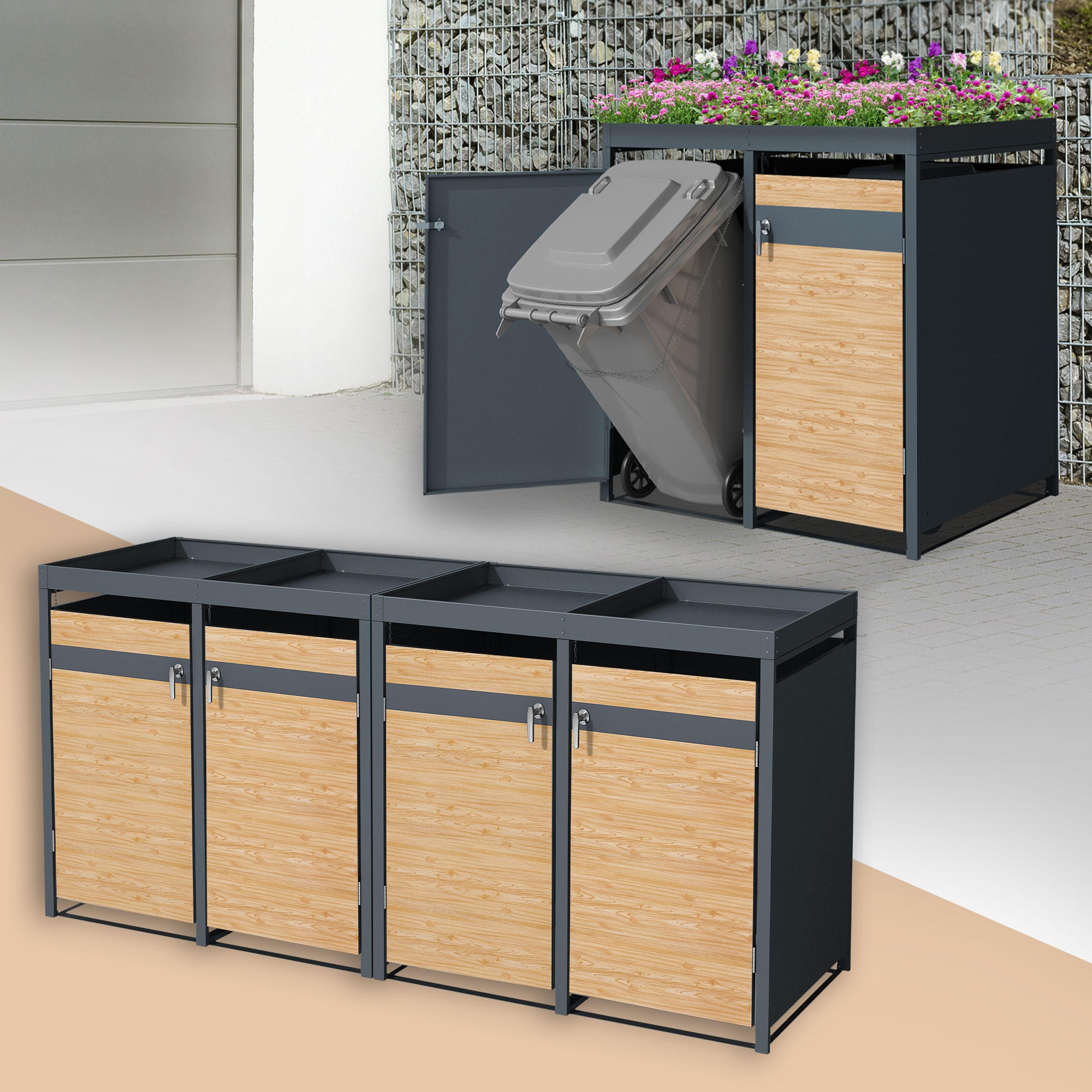 MÜLLTONNENBOX 4er mit Pflanzdach Anthrazit-Lärchenoptik - Hellbraun, Metall (80/124/264cm) - ML-DESIGN
