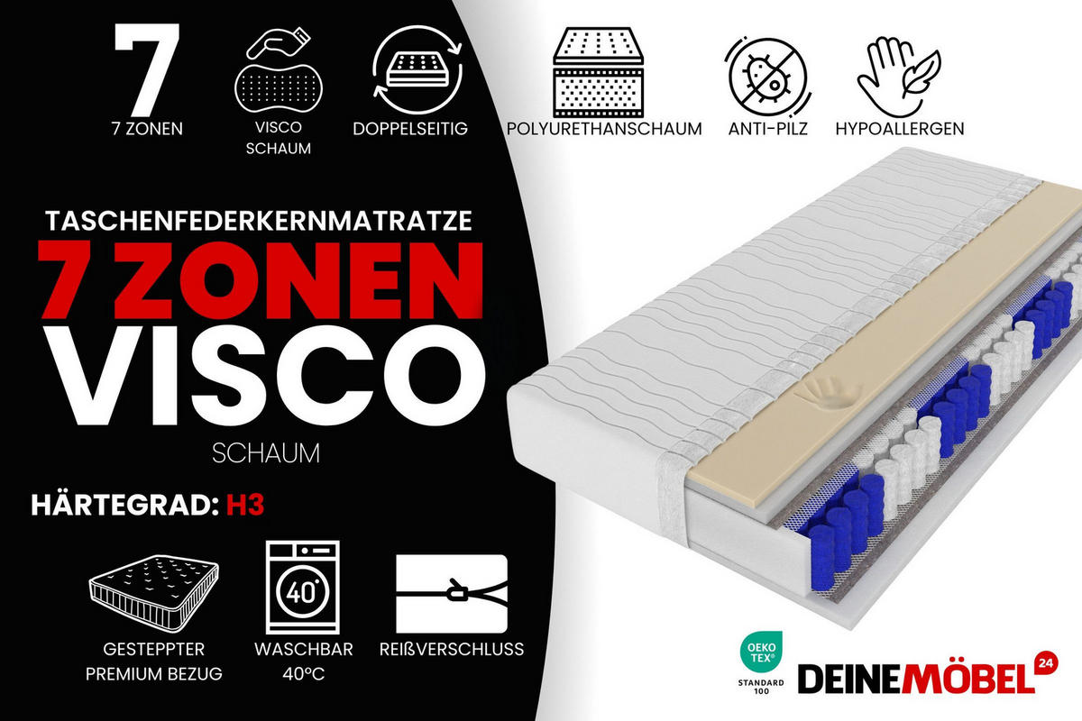 TASCHENFEDERKERNMATRATZE PREMIUM 7 VISCO mit Visco-Schaum 200/200/21 Weiß H3 - Weiß, Textil (200/200cm) - Deine Möbel 24