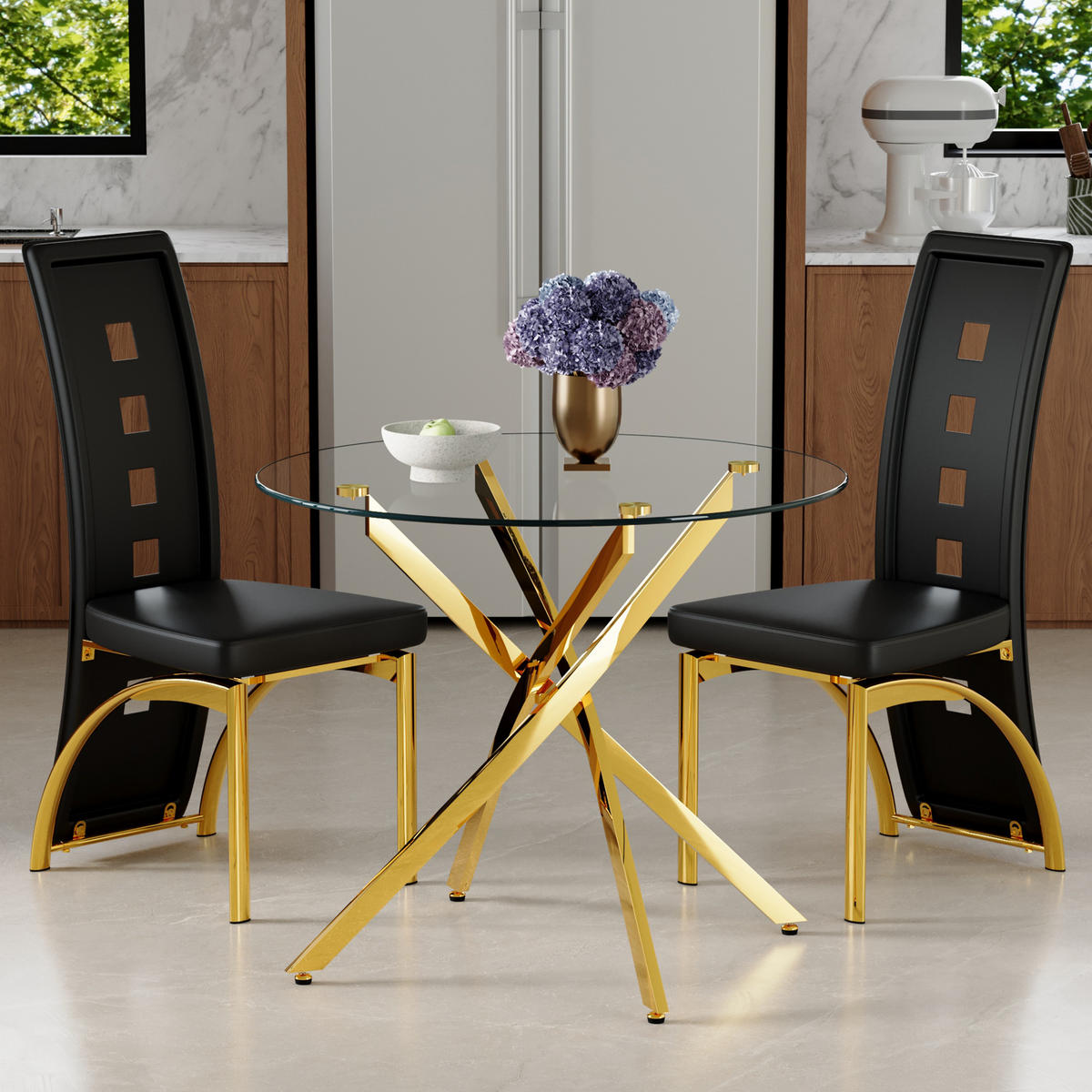 ESSGRUPPE DE-39452 3-teilig, Glastisch und 2 Stühlen mit Lochmuster Schwarz/Gold - Goldfarben/Schwarz, Metall (88/75/88cm) - ComfortXL