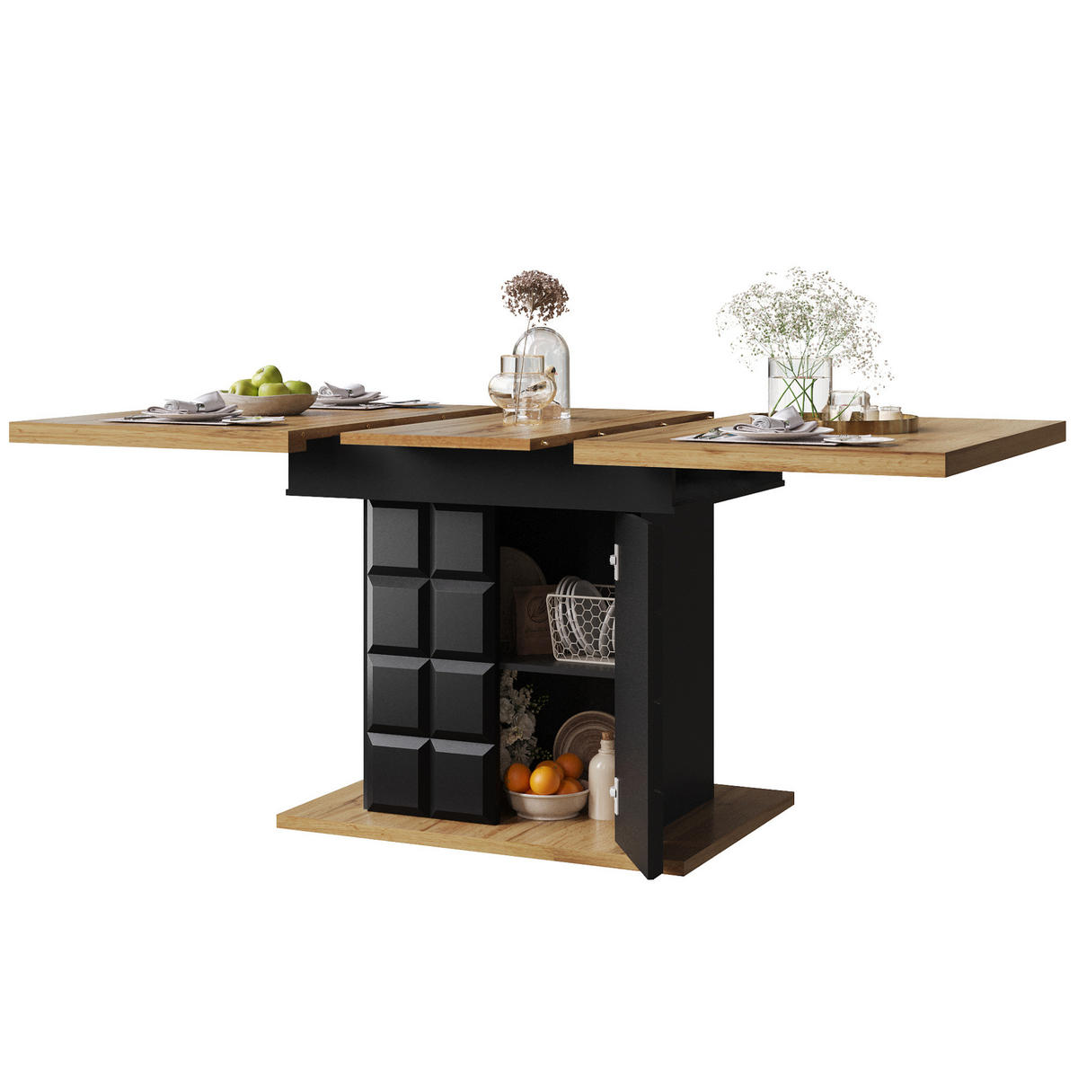 JEDÁLENSKÝ stôl 110-140/80 cm, MDF, čierna/prírodná, rozkladací s výsuvným systémom - čierna, kompozitné drevo (110/80/75cm) - BEAOK
