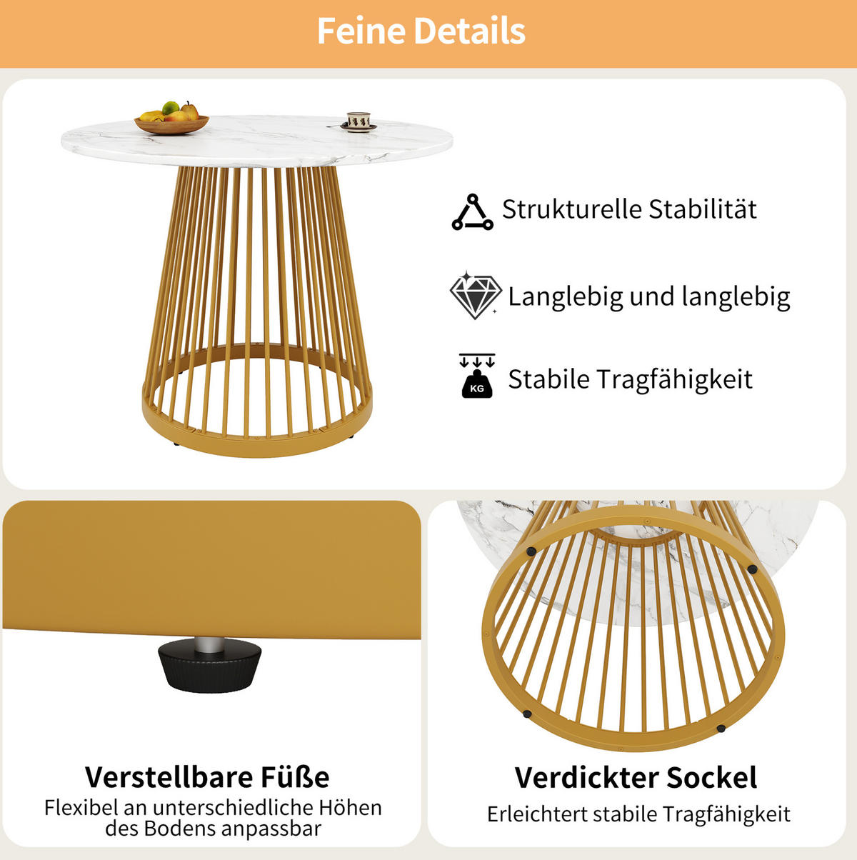 ESSTISCH, MDF-Tischplatte mit Metallgestell, 80/80/76 cm, Weiß/Gold - Goldfarben, Holzwerkstoff (80/80/76cm) - Redom